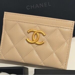 Chanel Tan Quilted Card Holder with Gold Logo